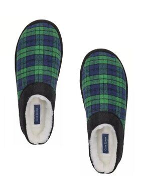 new  Size Medium 8 - 9 Club Room Men's Blackwatch Navy + Green Tartan Slippers